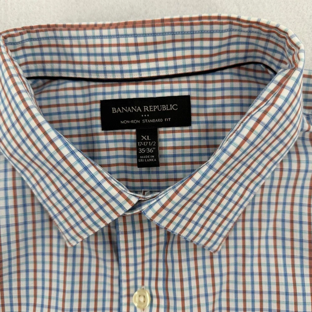 Banana Republic Shirt Mens XL 17-17.5 35-36 Blue Plaid Non-Iron Standard Fit NWT